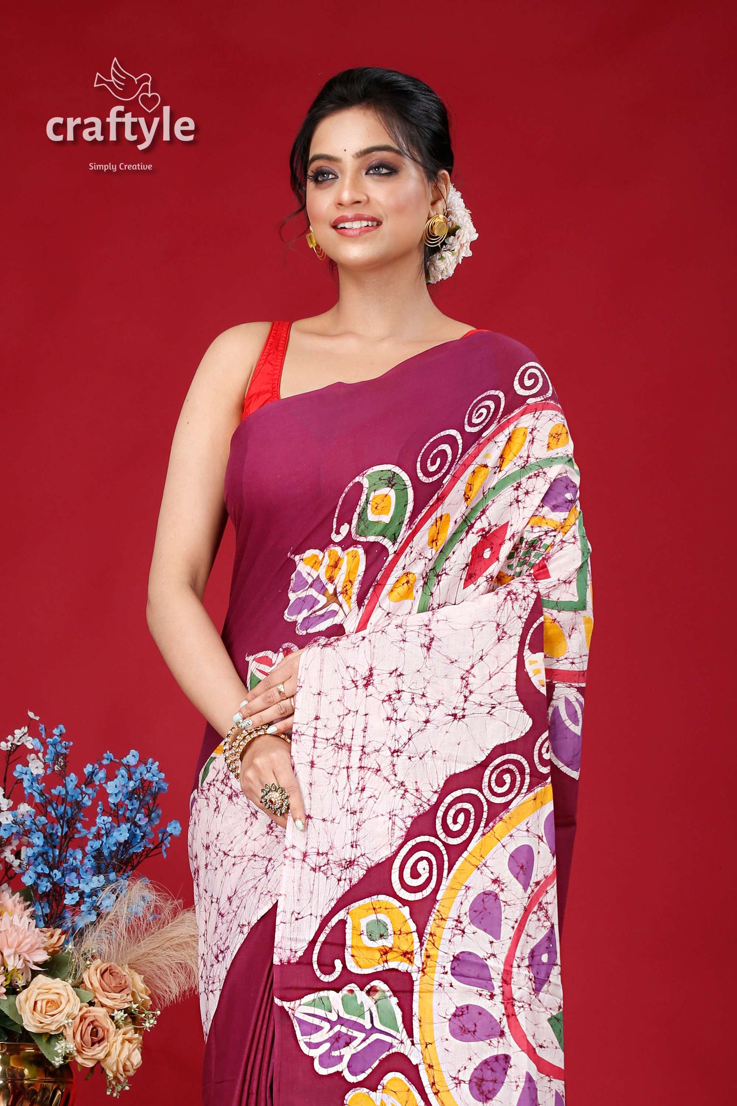 Ethnic Hand Batik Saree in Pure Cotton - Alpana Design for a Unique Look - Craftyle