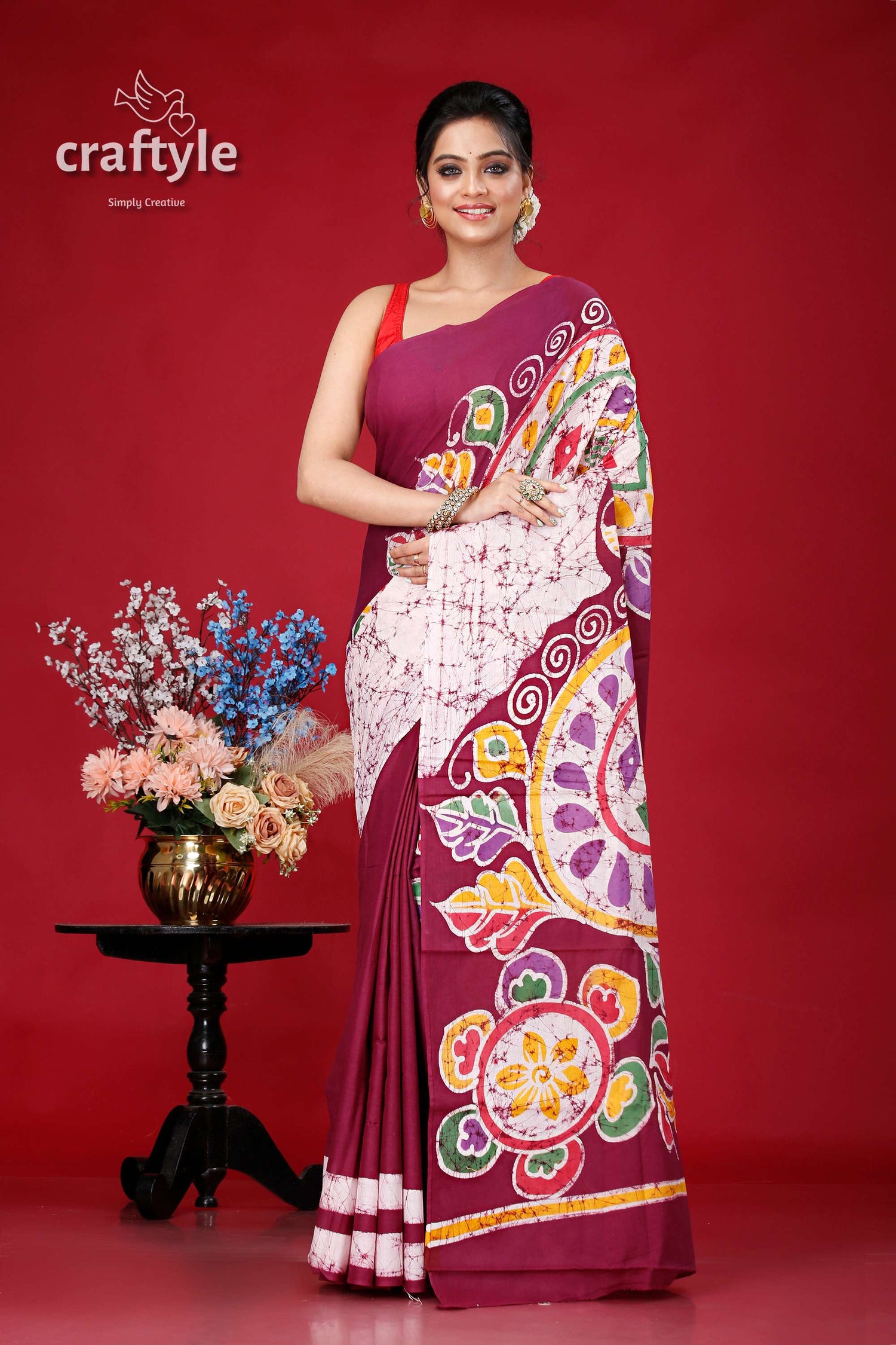 Ethnic Hand Batik Saree in Pure Cotton - Alpana Design for a Unique Look - Craftyle