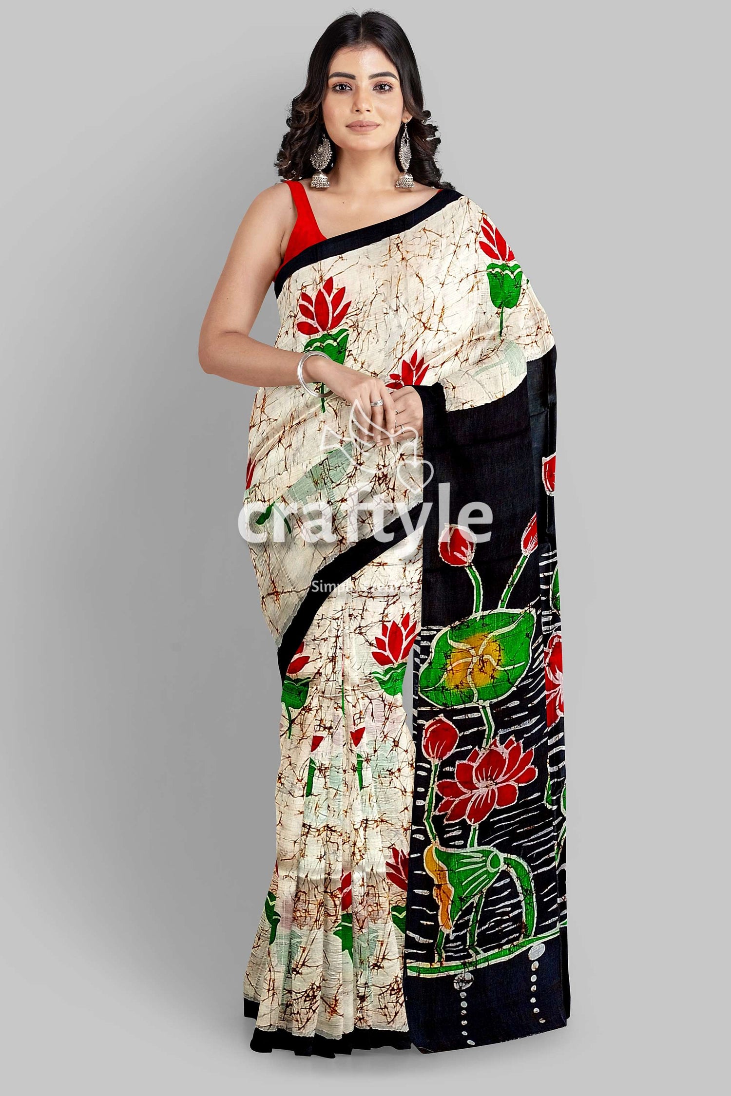 Exclusive Lotus Motif Hand Batik Mulberry Pure Silk Saree - Craftyle