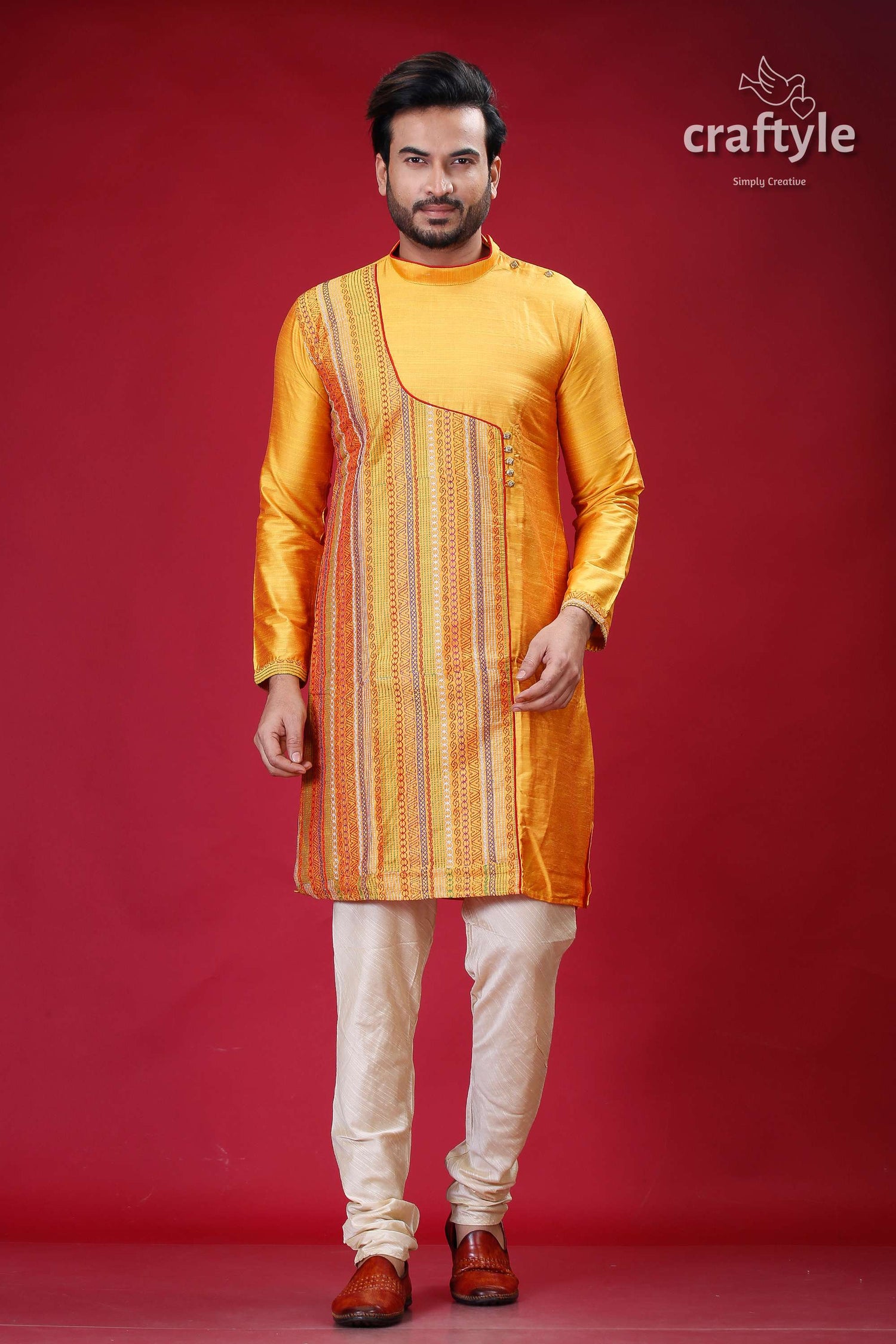 a man in an orange and yellow outfit