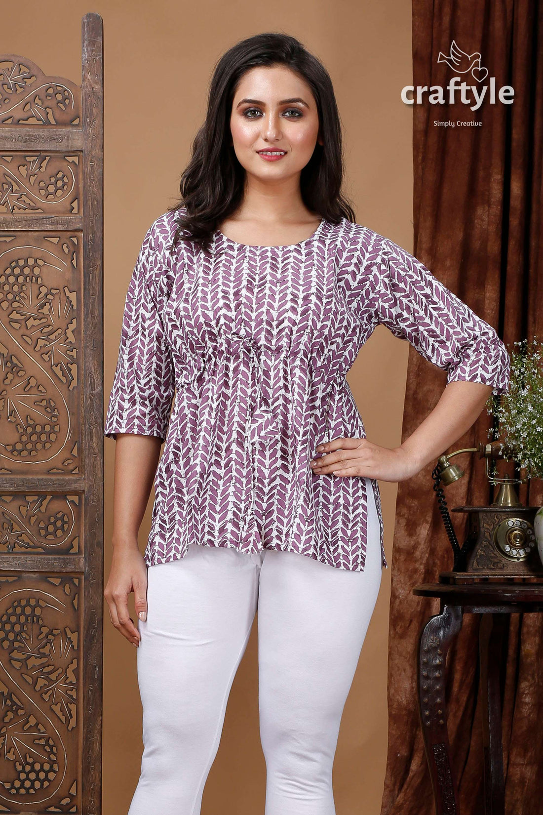 Falcon White Cotton Printed Top with Three Quarter Sleeves - Craftyle