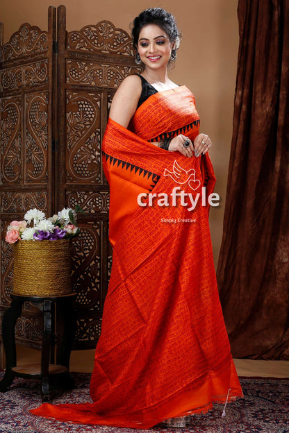 Fire Orange Mulberry Pure Silk Hand Block Saree - Craftyle