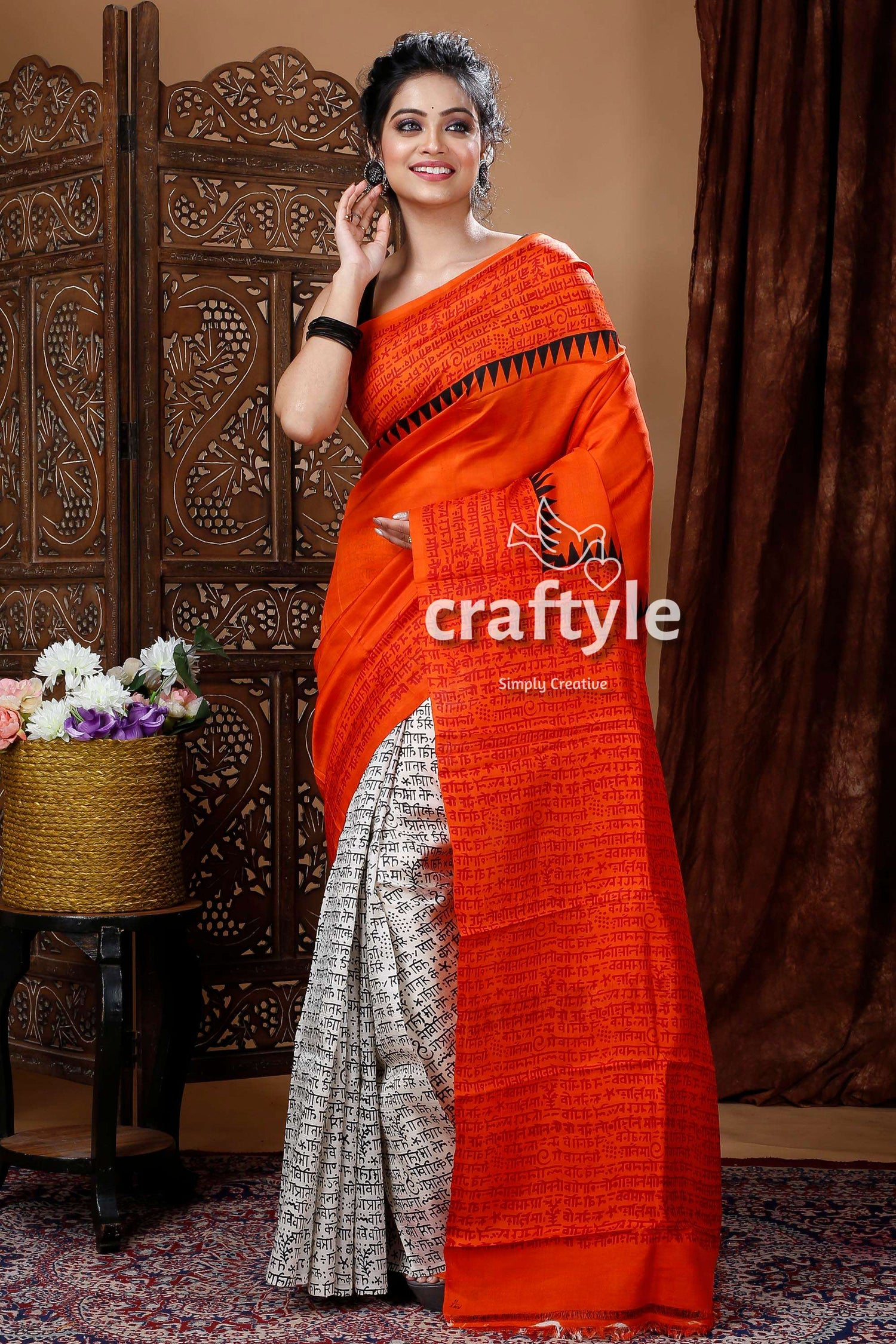 Fire Orange Mulberry Pure Silk Hand Block Saree - Craftyle