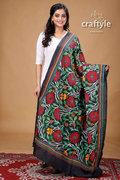 Floral Design Black Blended Bangalore Silk Kantha Work Dupatta - Craftyle