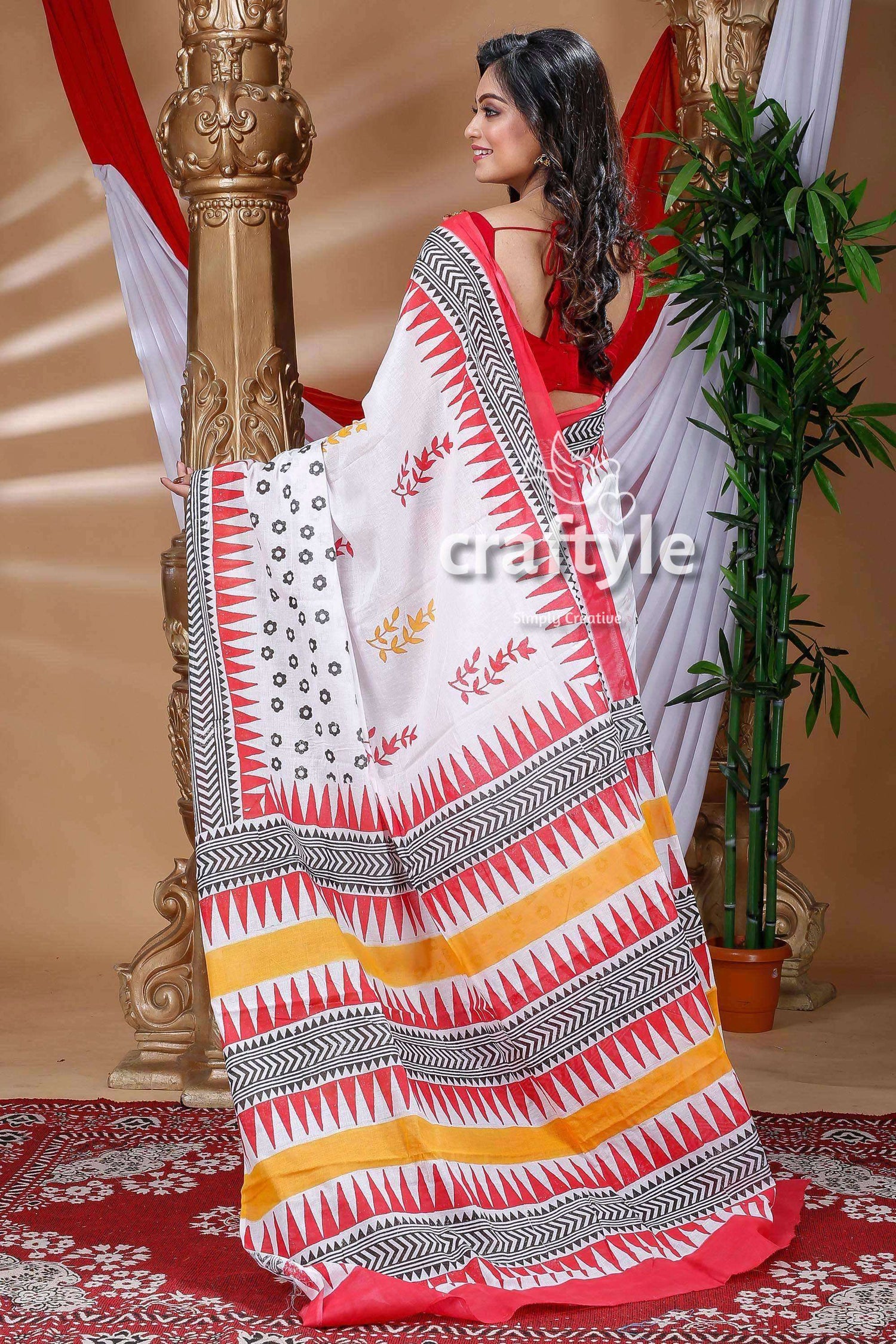 Floral Design Porcelain White Hand Block Pure Cotton Saree-Craftyle