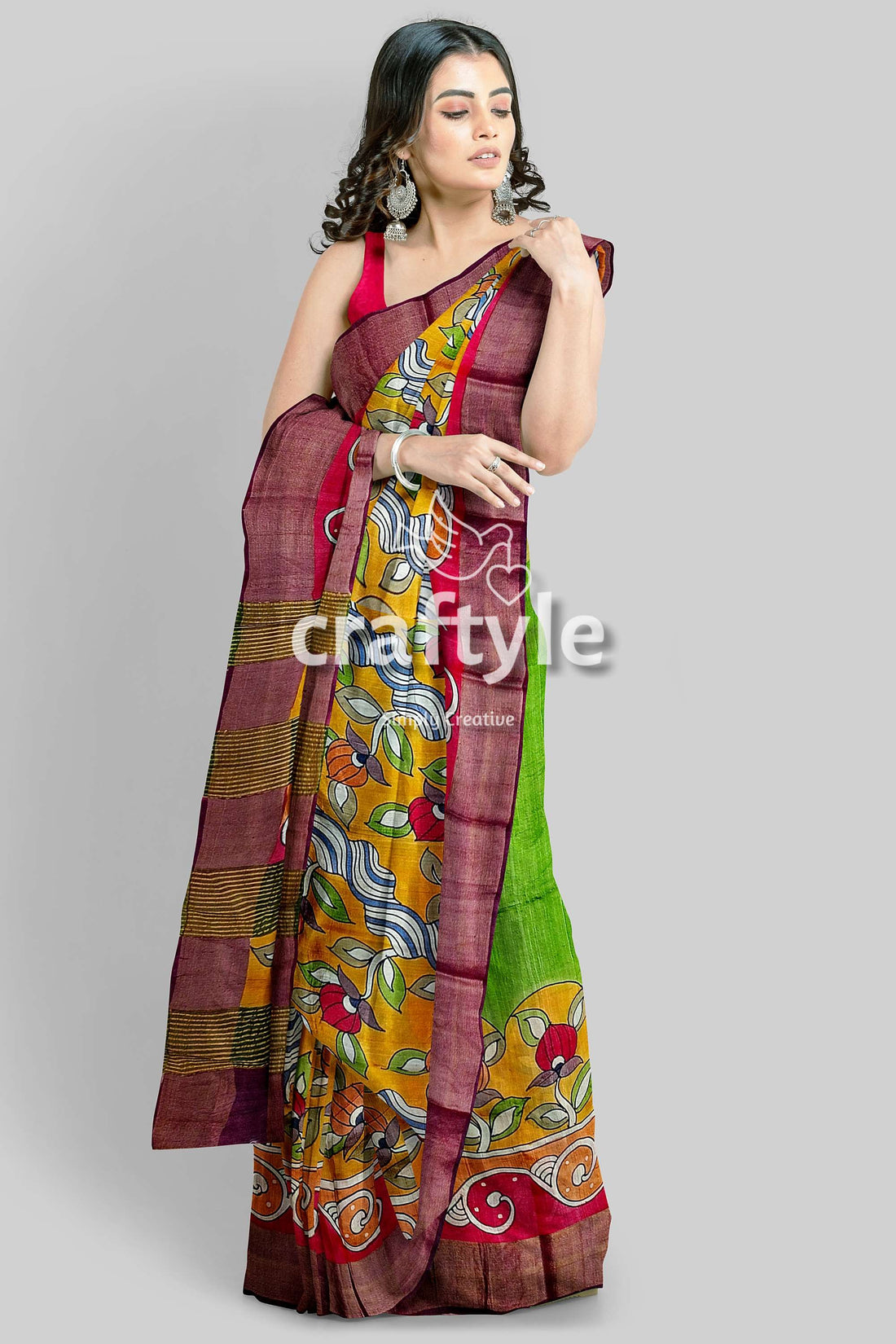 Floral Hand Painted Zari Border Pure Tussar Kalamkari Saree - Indian Ethnic Wear - Craftyle