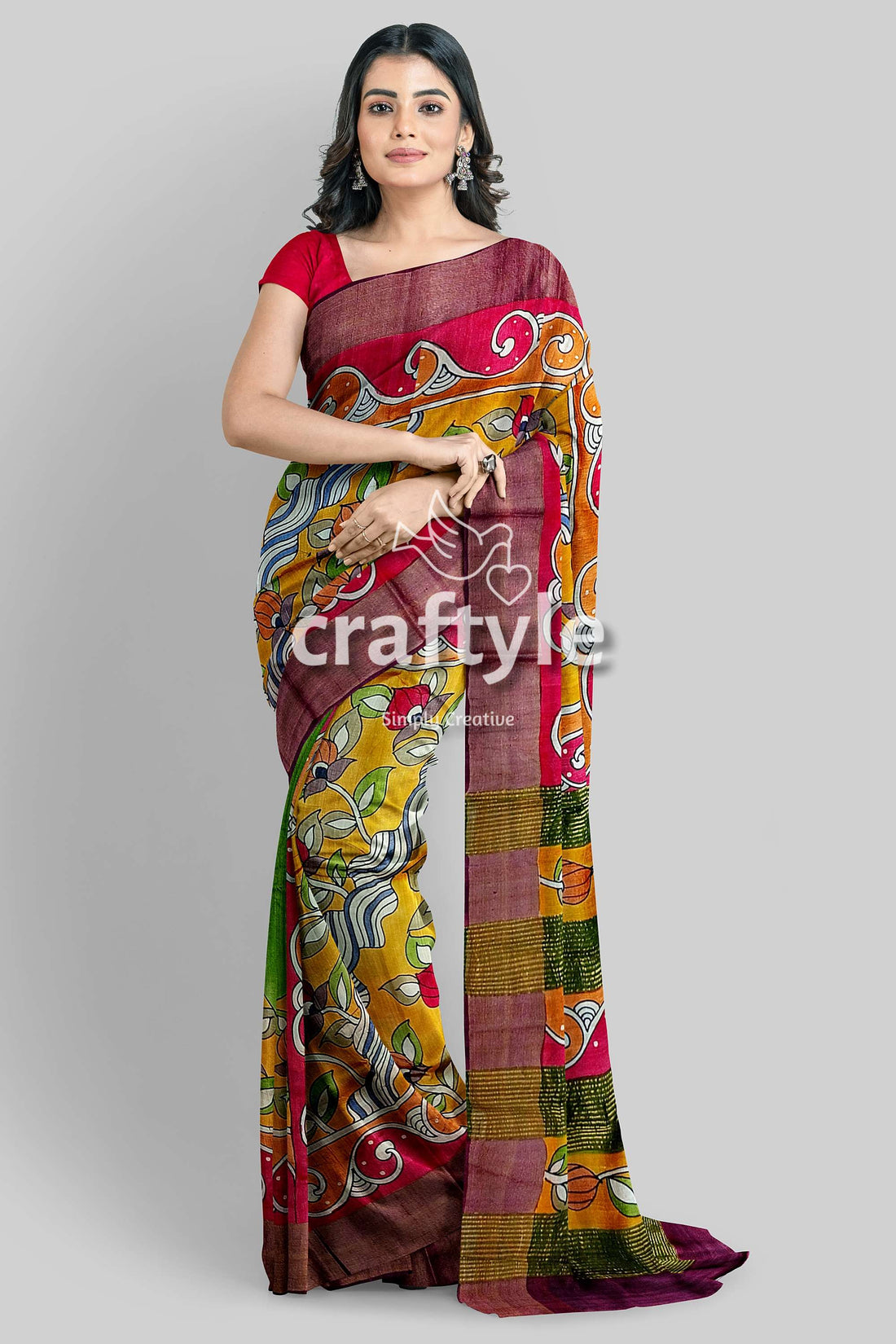 Floral Hand Painted Zari Border Pure Tussar Kalamkari Saree - Indian Ethnic Wear - Craftyle