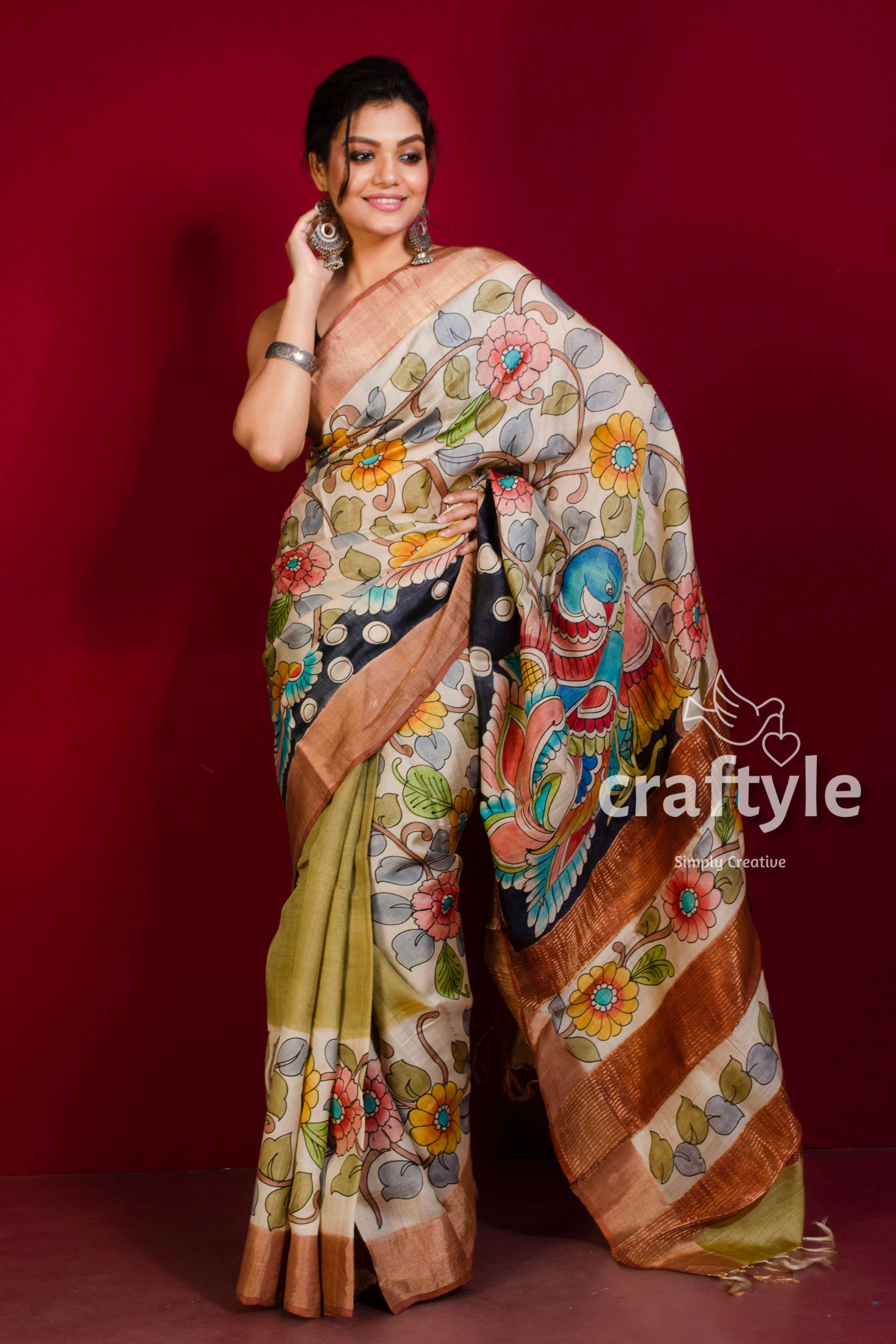 Zari Tassar Silk Saree Hand Painted Zari Boder On Premium Zari Boder Tassar Silk Kalamkari Tussar Silk high quality Saree With Blouse Piece