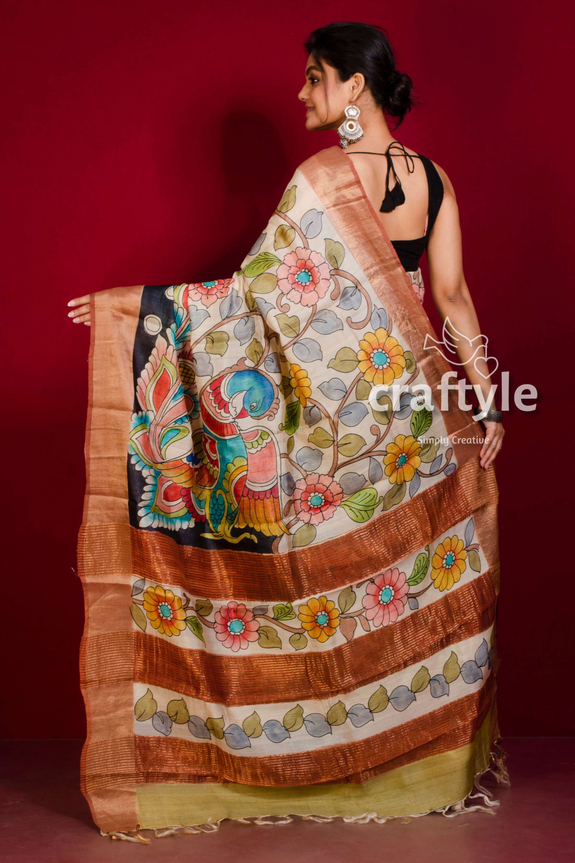 Zari Tassar Silk Saree Hand Painted Zari Boder On Premium online Zari Boder Tassar Silk Kalamkari Tussar Silk Saree With Blouse Piece