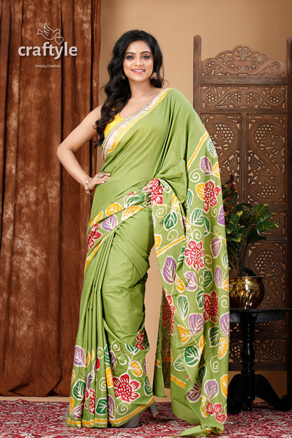 Floral Motif Sophisticated Hand Batik Pure Cotton Saree - Craftyle