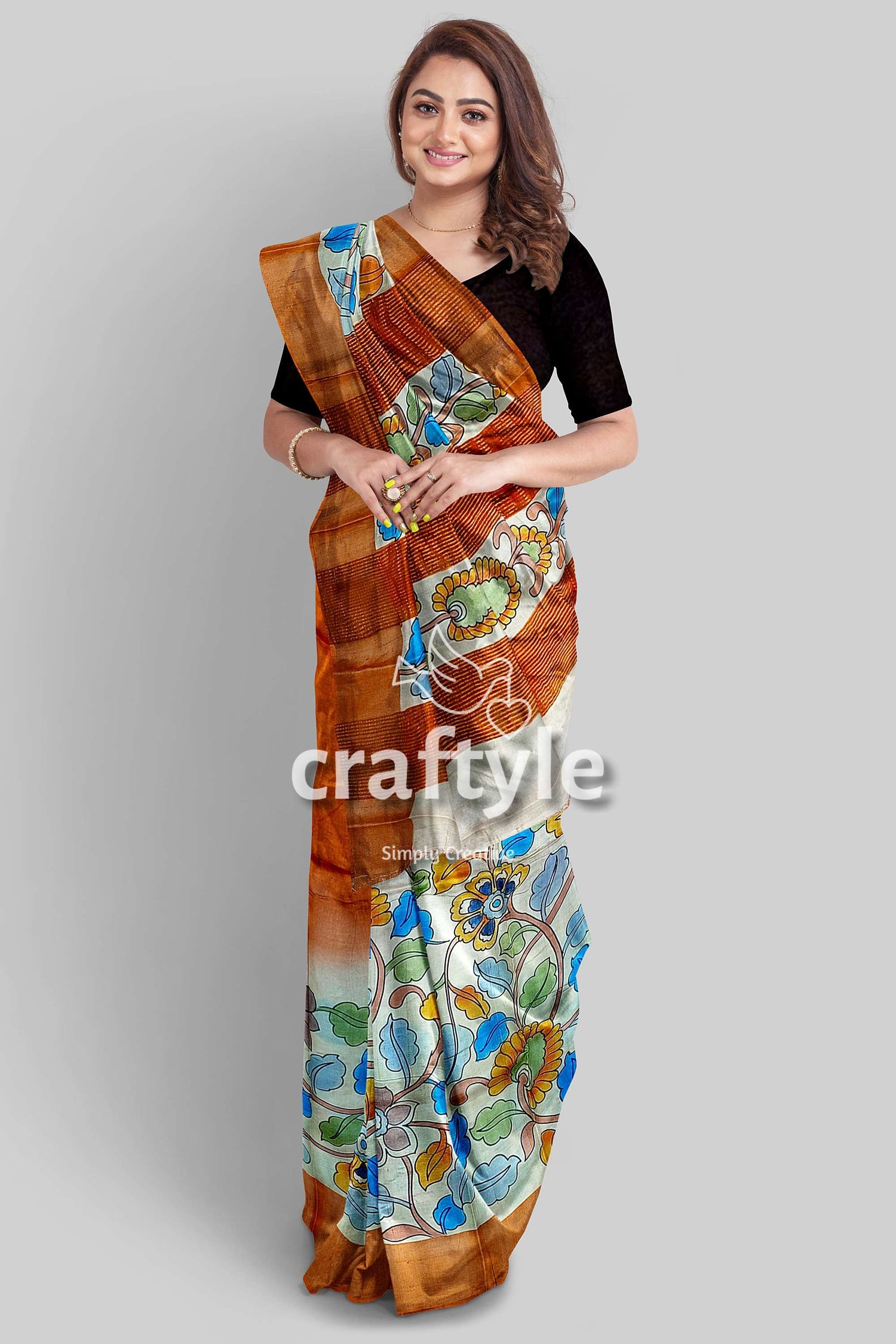 Floral Pure Tussar Saree with Zari Border - Handcrafted Kalamkari Work - Craftyle