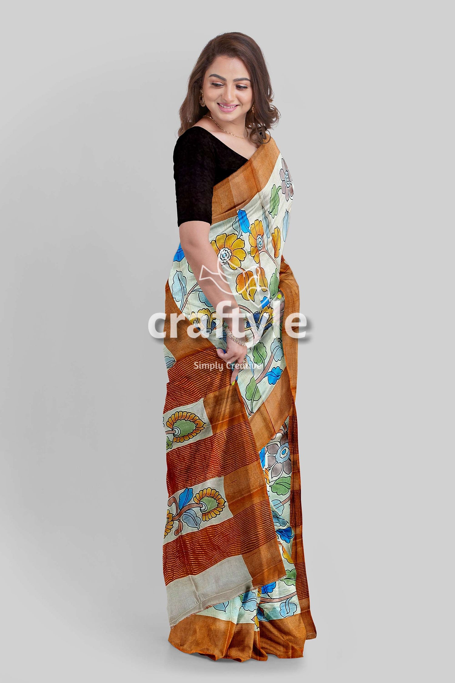 Floral Pure Tussar Saree with Zari Border - Handcrafted Kalamkari Work - Craftyle