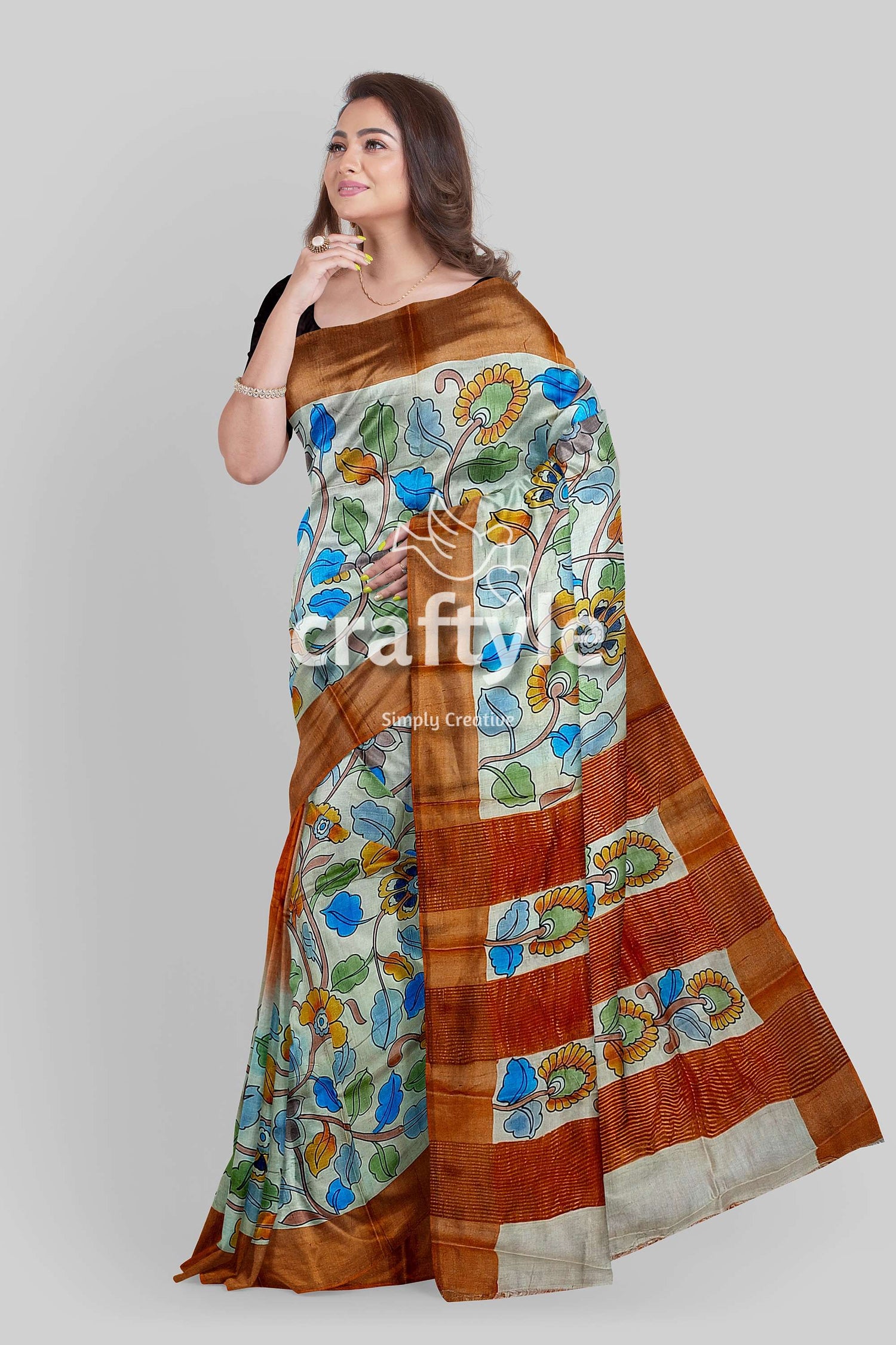 Floral Pure Tussar Saree with Zari Border - Handcrafted Kalamkari Work - Craftyle