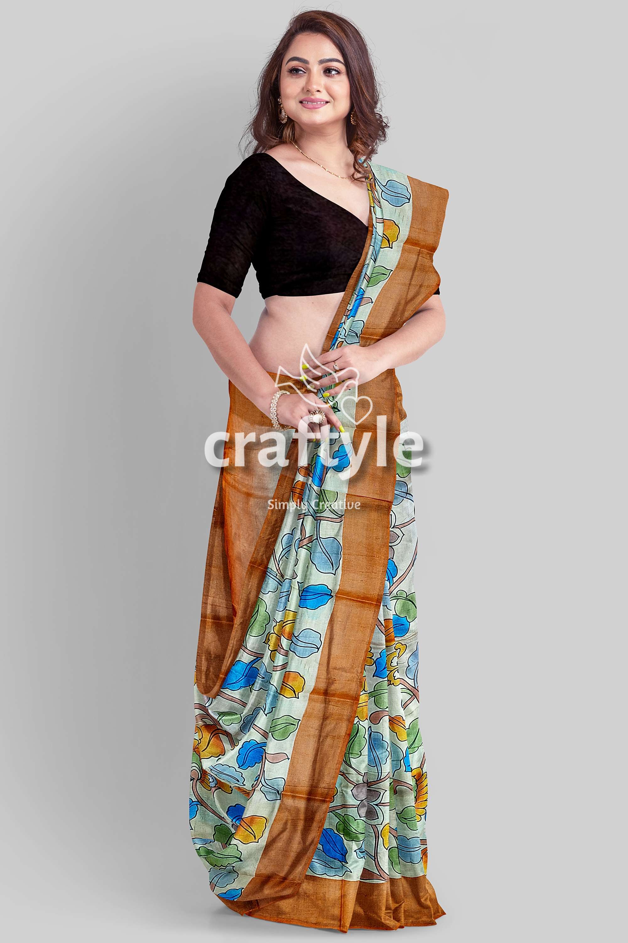 Floral Pure Tussar Saree with Zari Border - Handcrafted Kalamkari Work - Craftyle