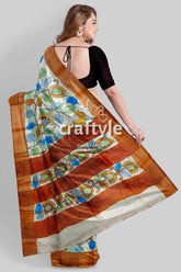 Floral Pure Tussar Saree with Zari Border - Handcrafted Kalamkari Work - Craftyle