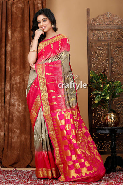 Foggy Gray and Magenta Pink Kanjivaram Silk Saree - Elegant Indian Attire - Craftyle