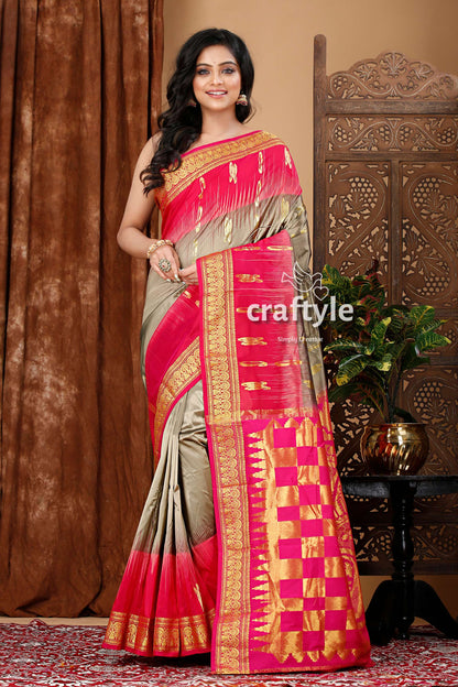 Foggy Gray and Magenta Pink Kanjivaram Silk Saree - Elegant Indian Attire - Craftyle