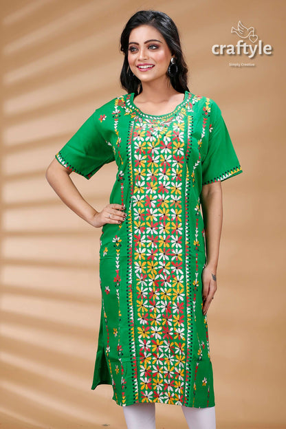 Forest Green Multithread Cotton Kantha Kurti With Short Sleeves - Craftyle