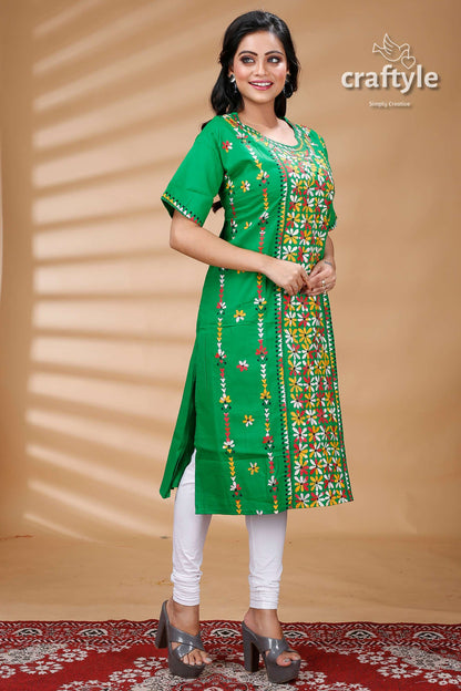 Forest Green Multithread Cotton Kantha Kurti With Short Sleeves - Craftyle