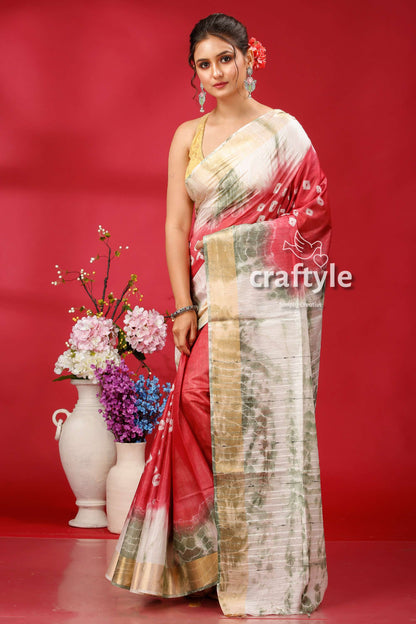 French Wine-White Bandhni Silk Saree - Unique and Elegant - Craftyle