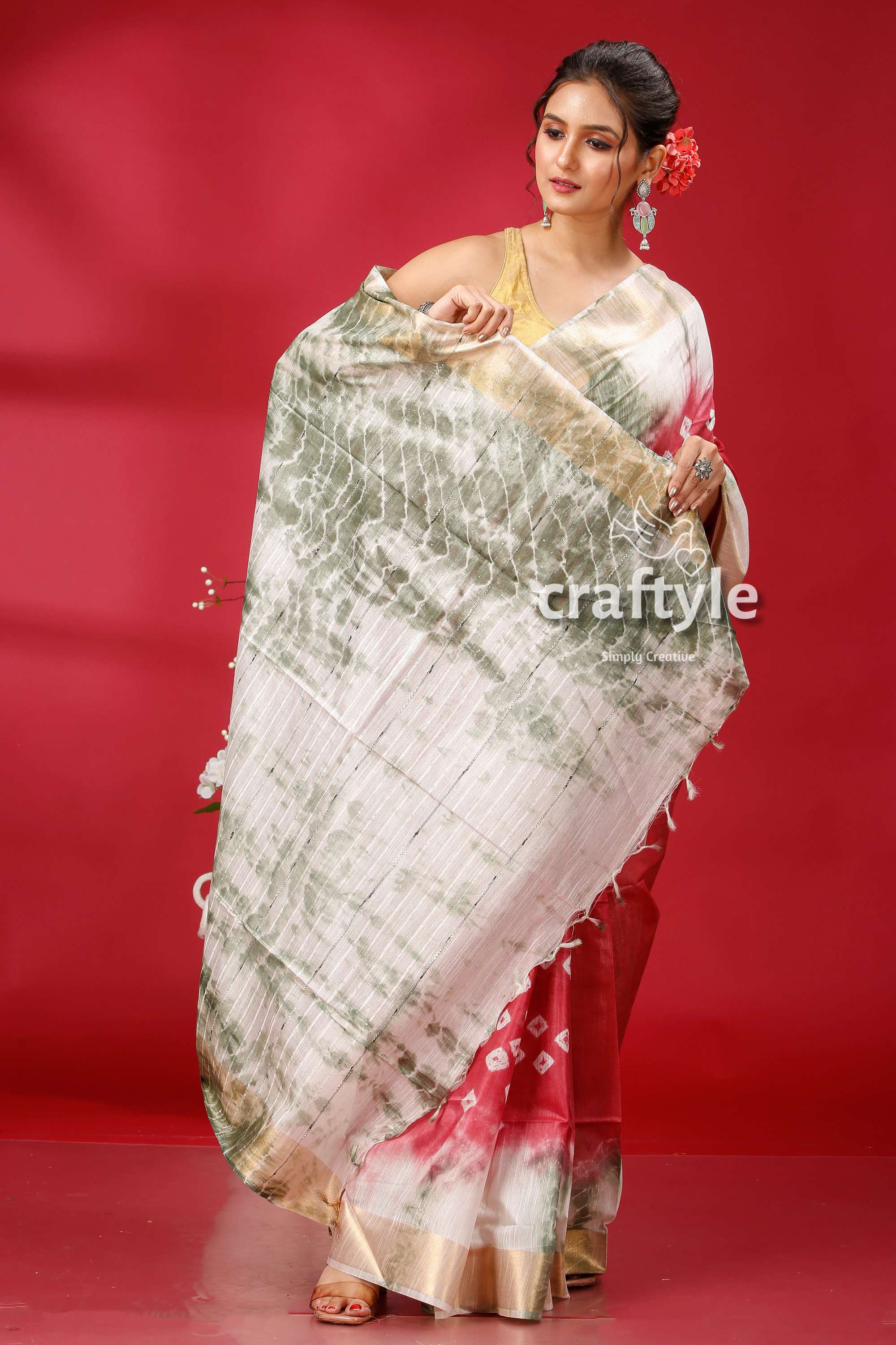 French Wine-White Bandhni Silk Saree - Unique and Elegant - Craftyle