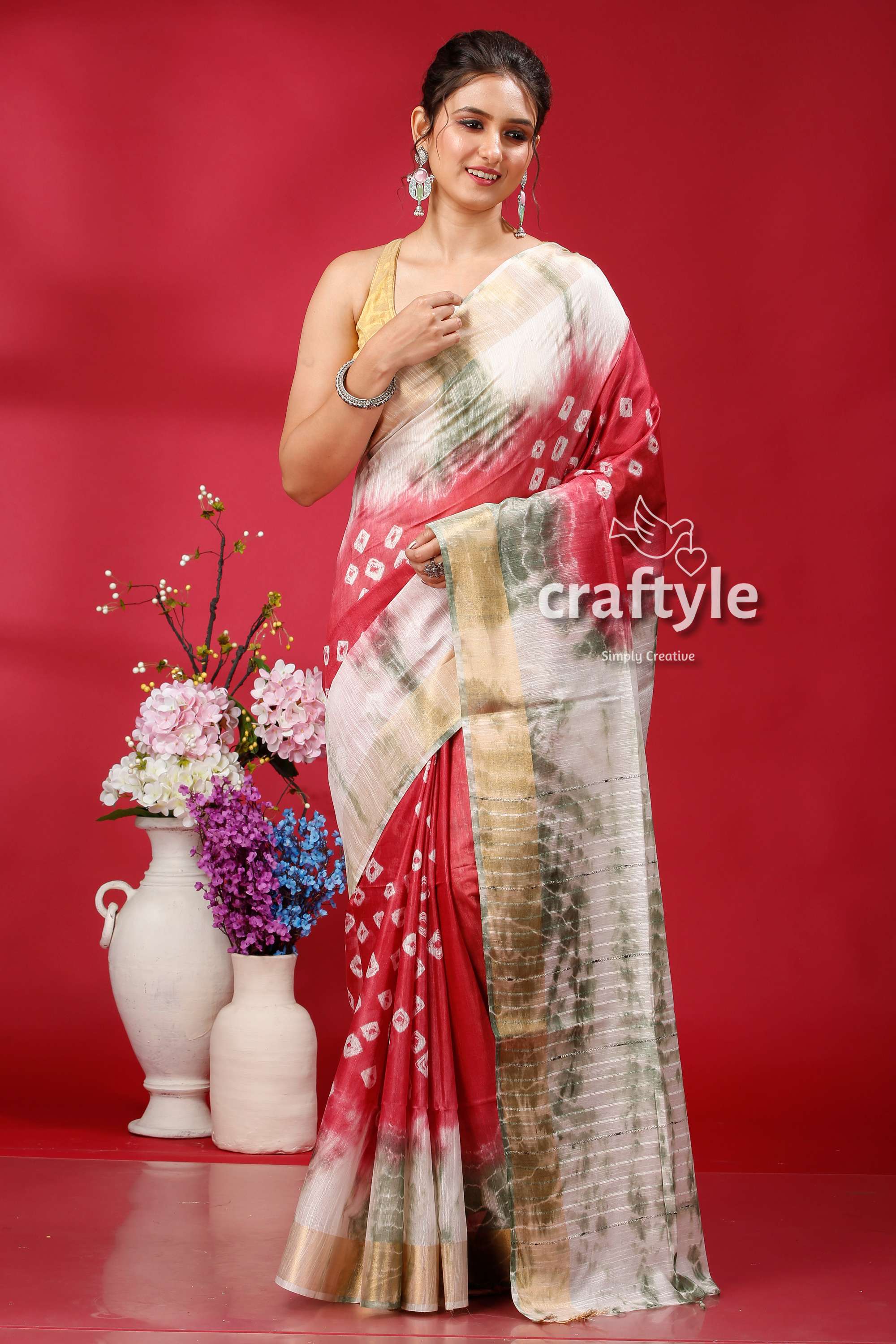 French Wine-White Bandhni Silk Saree - Unique and Elegant - Craftyle