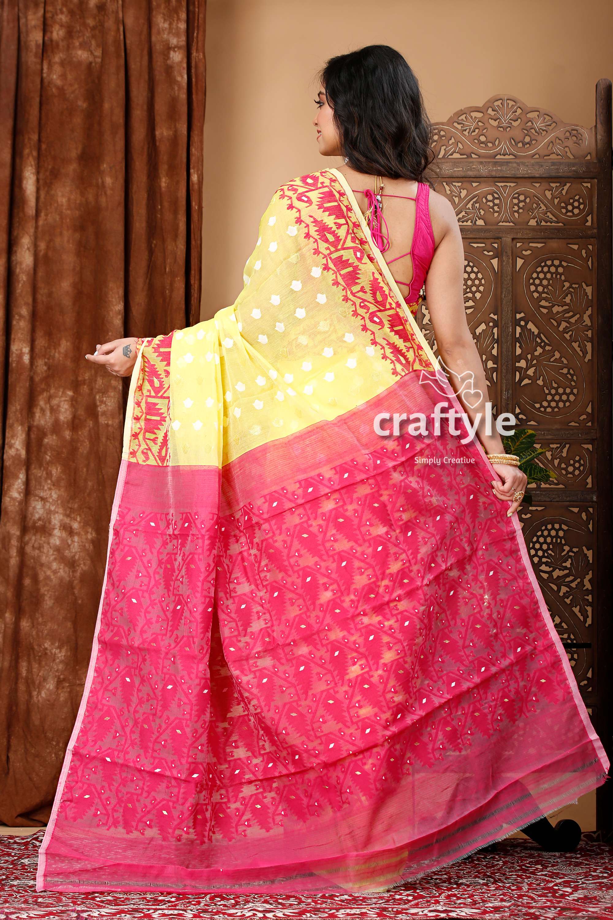 French Wine Yellow Jamdani Saree - Timeless Elegance for Any Occasion - Craftyle