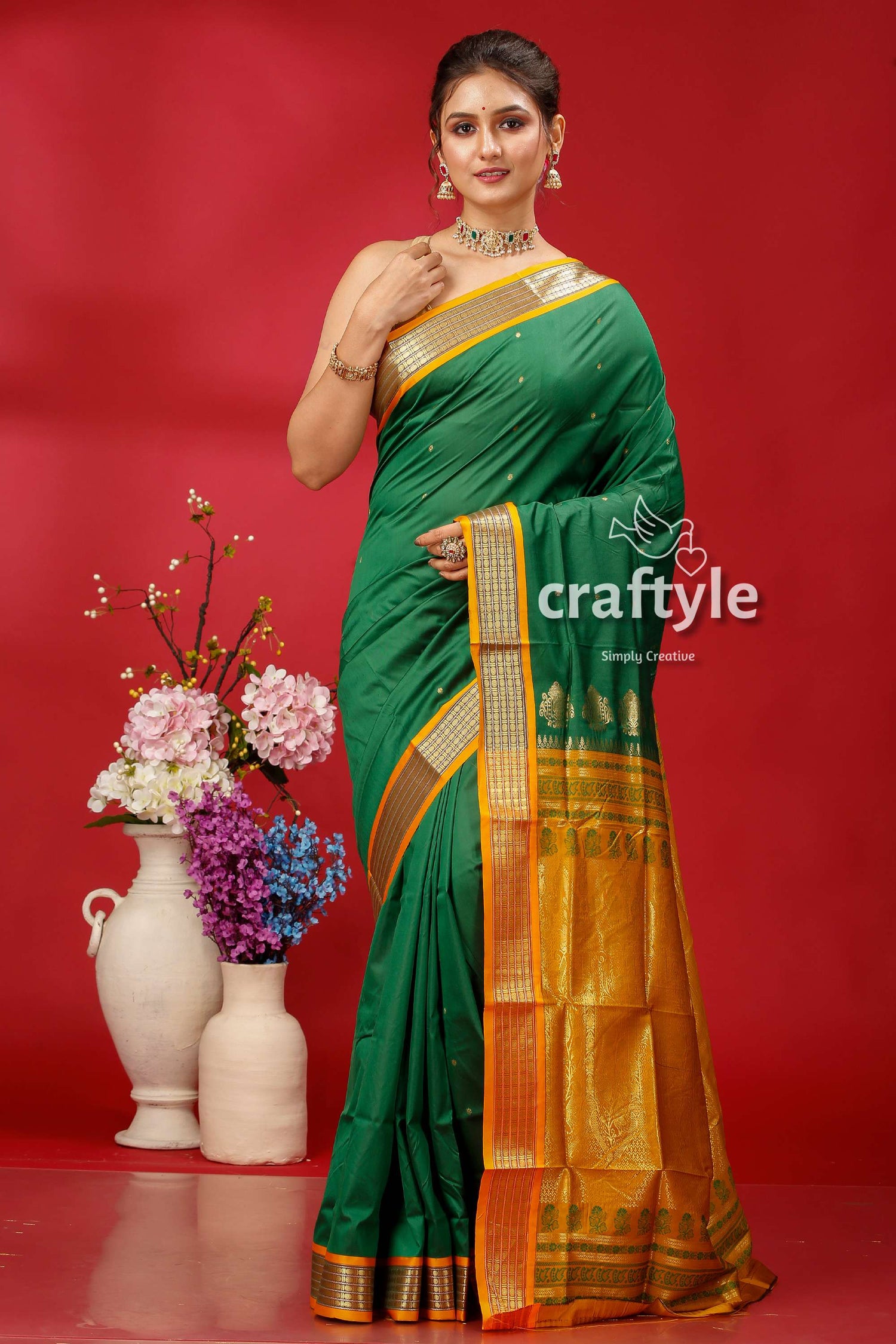 Fun Green Zari Border Beautiful Bomkai Silk Saree - Craftyle