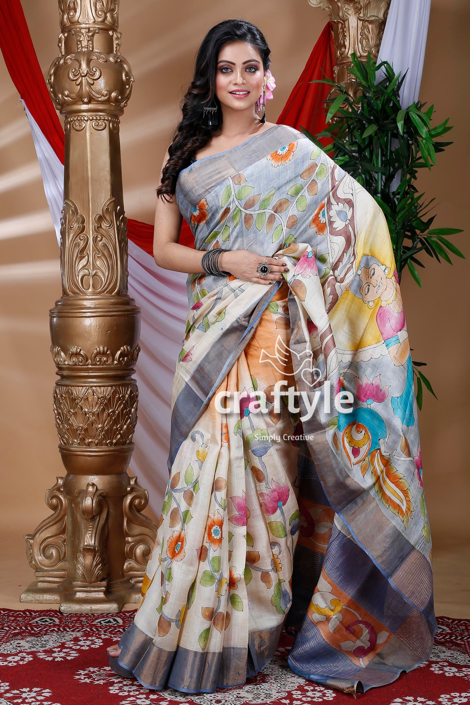 Hand Painted Art work On Pure Zari Boder Tassar Silk Saree Zari Boder On Hand Painted Tassar Silk Hand Painted On Zari Boder newest Tassar Sare