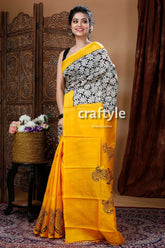 Golden Yellow Hand Block Pure Mulberry Silk Saree - Craftyle