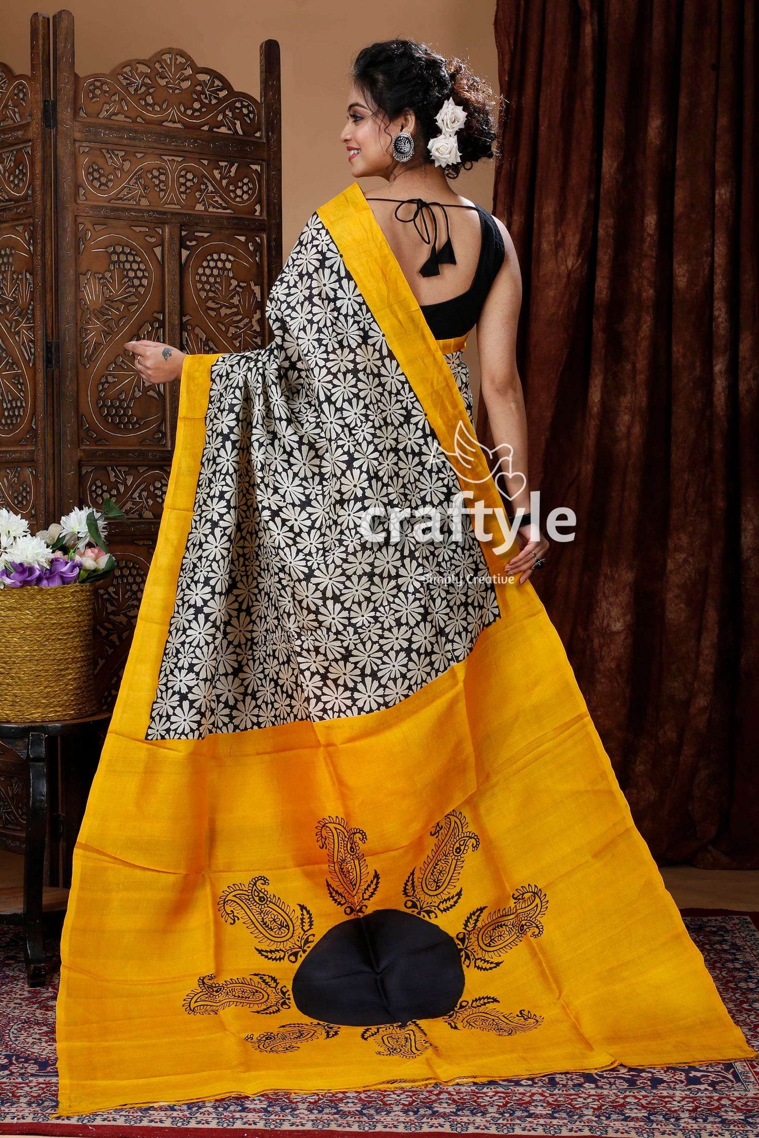 Golden Yellow Hand Block Pure Mulberry Silk Saree - Craftyle