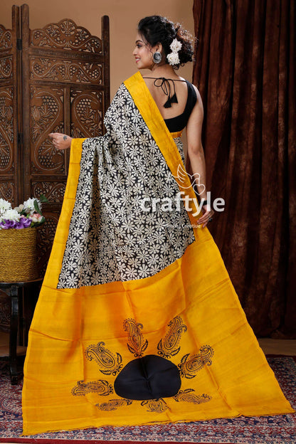 Golden Yellow Hand Block Pure Mulberry Silk Saree - Craftyle