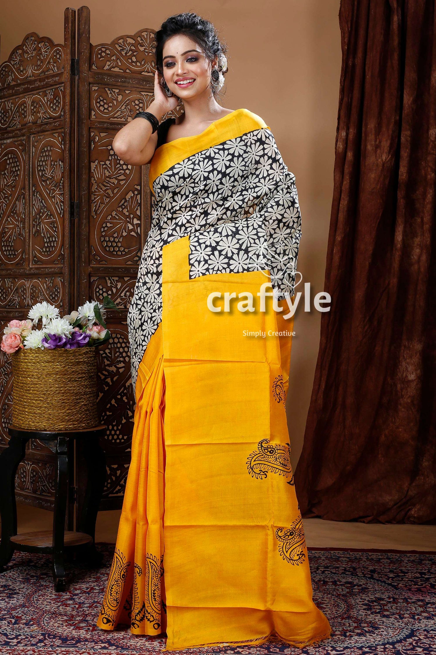 Golden Yellow Hand Block Pure Mulberry Silk Saree - Craftyle