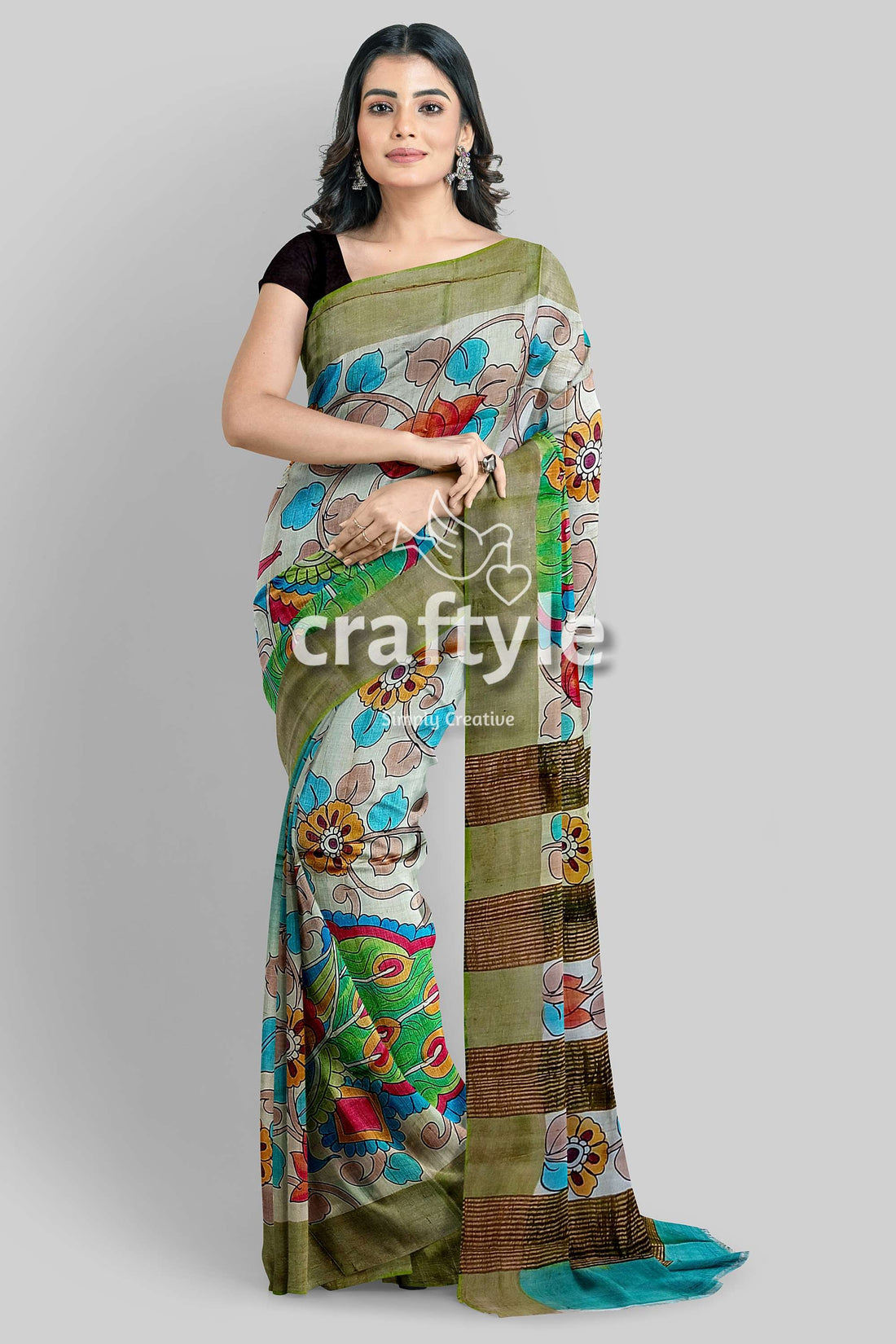 Gorgeous Handmade Floral Design Pure Tussar Kalamkari Saree with Zari Border - Craftyle