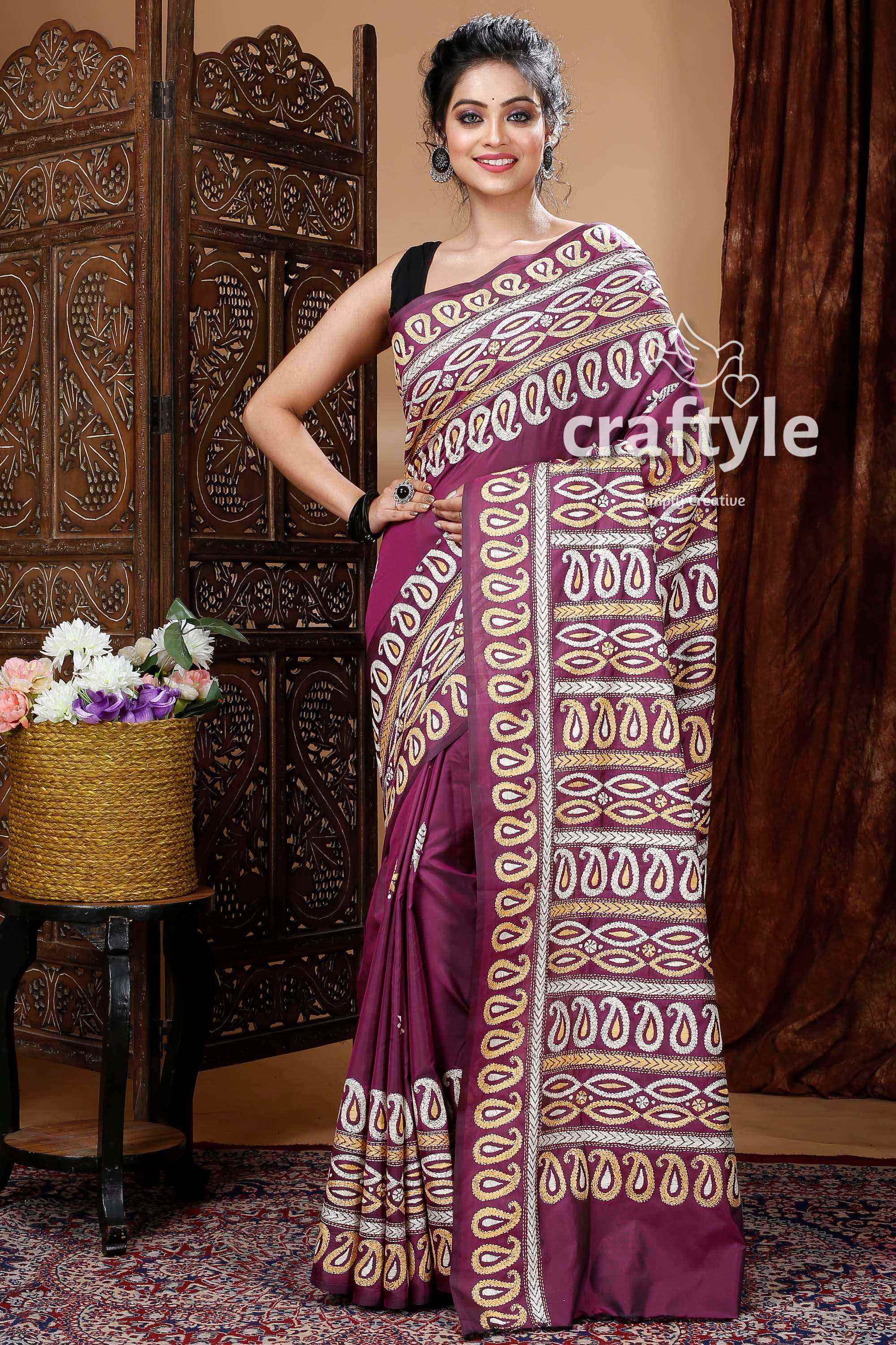 Grape Purple Silk Kantha Stitch Saree-Craftyle