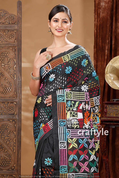 Grease Black Hand Embroidered Kantha Silk Saree-Craftyle