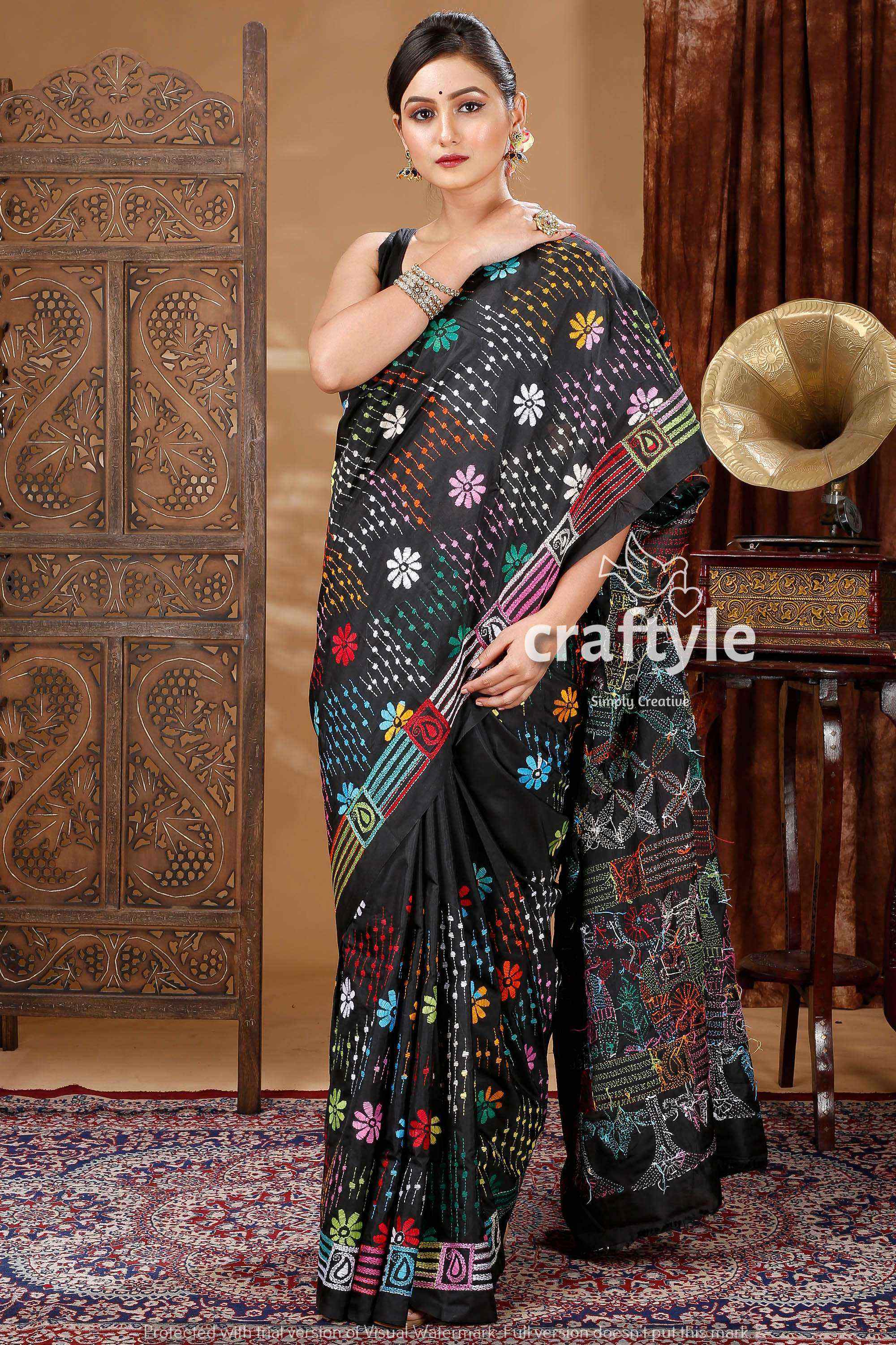 Grease Black Hand Embroidered Kantha Silk Saree-Craftyle