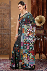 Grease Black Hand Embroidered Kantha Silk Saree-Craftyle