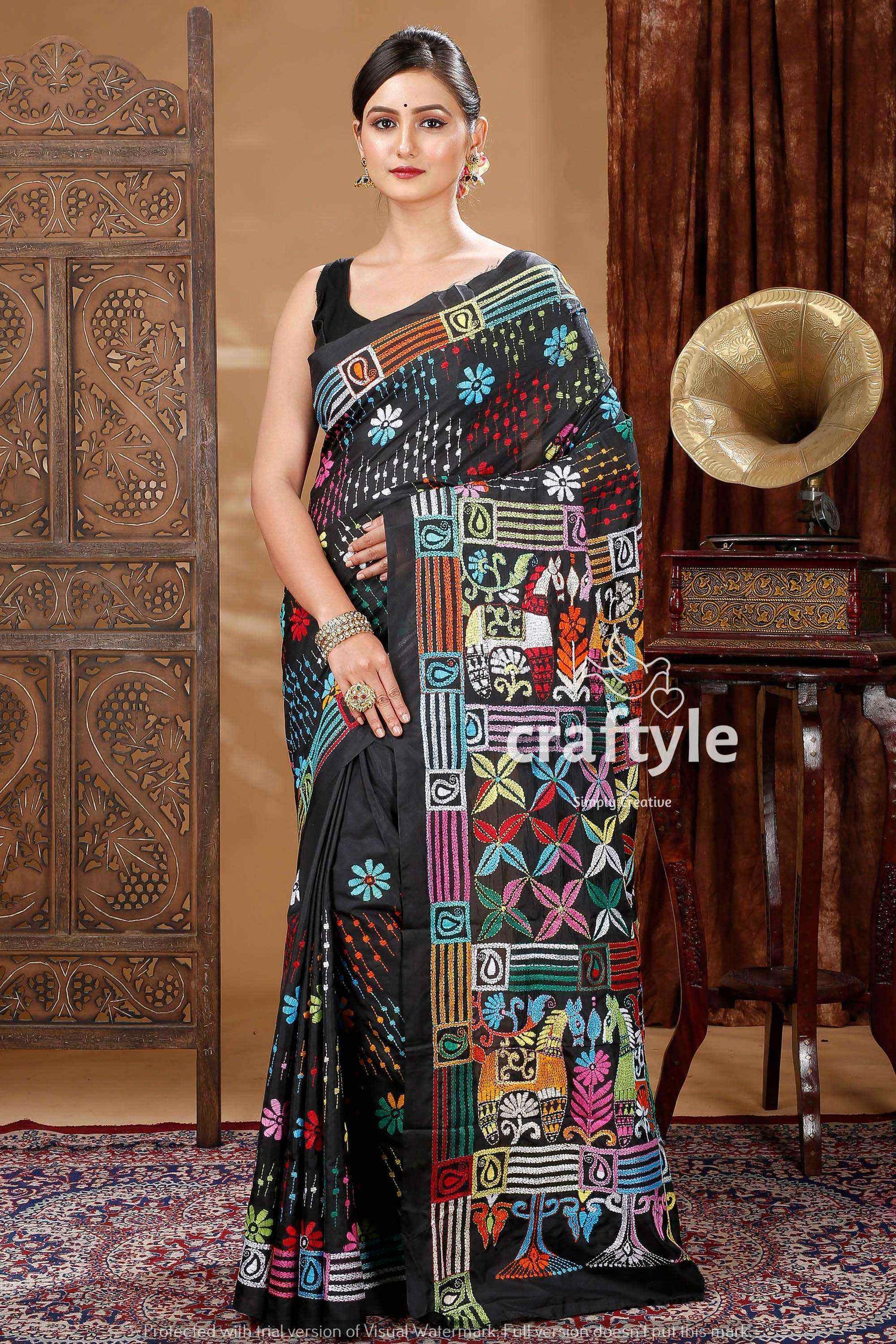 Grease Black Hand Embroidered Kantha Silk Saree-Craftyle