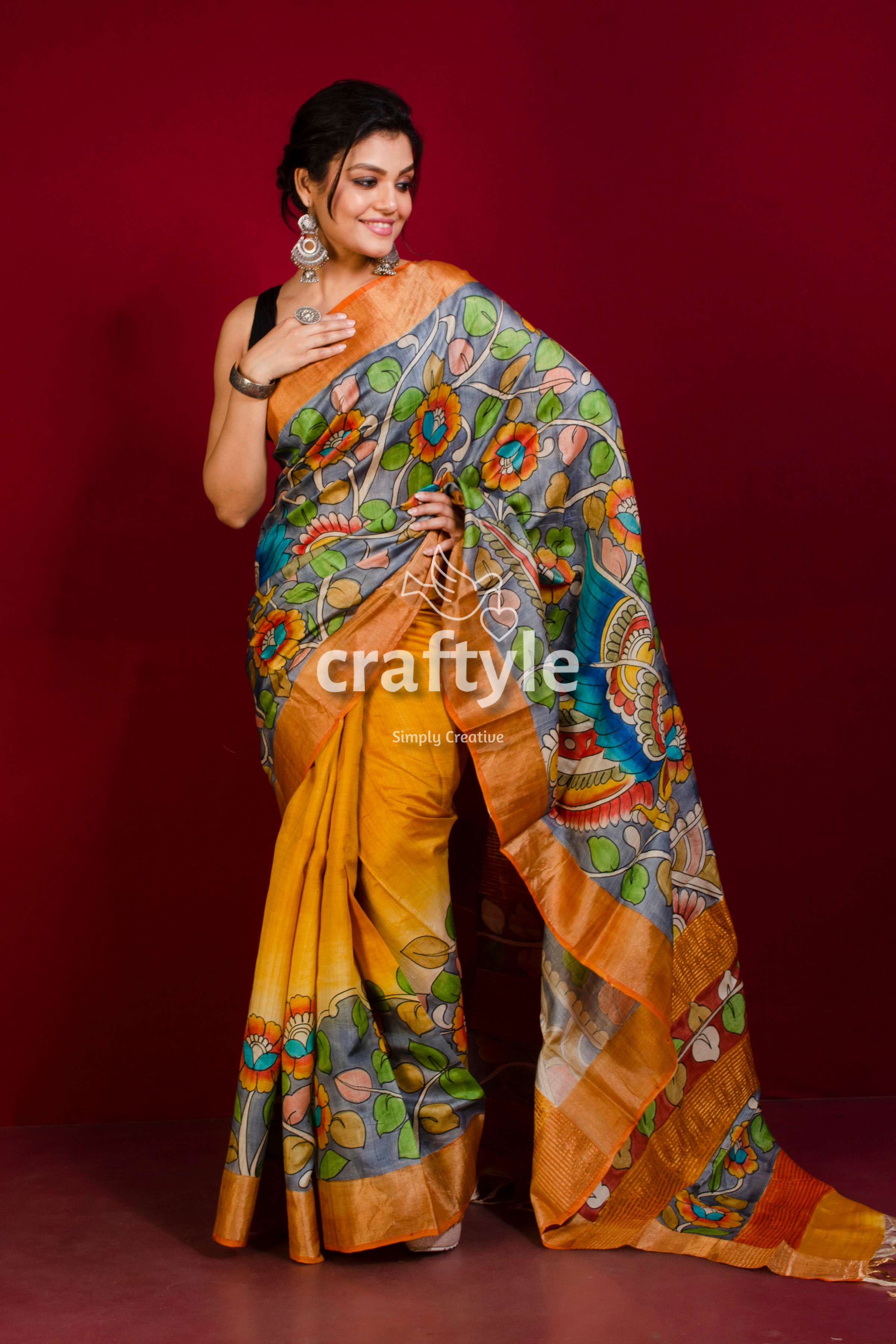 Hand Painted Kalamkari Design On Bishnupuri Tassor Silk With Blouse Piece Bishnupuri Tassor Silk With Kalamkari Hand Painted good Work Saree