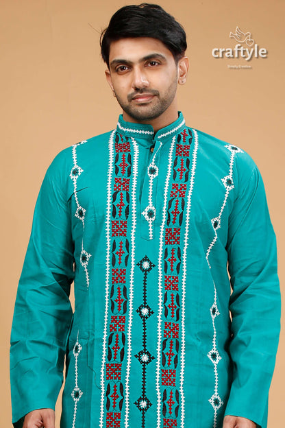 Gujrati Stitch Jungle Green Kantha Work Cotton Kurta for Men - Craftyle