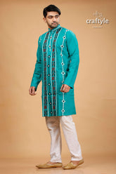 Gujrati Stitch Jungle Green Kantha Work Cotton Kurta for Men - Craftyle