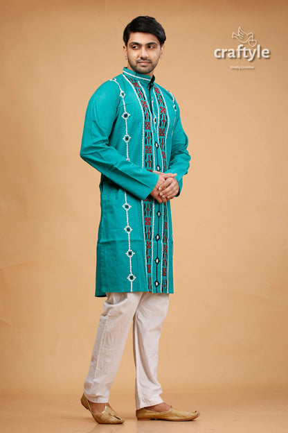 Gujrati Stitch Jungle Green Kantha Work Cotton Kurta for Men - Craftyle