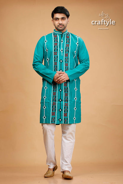 Gujrati Stitch Jungle Green Kantha Work Cotton Kurta for Men - Craftyle