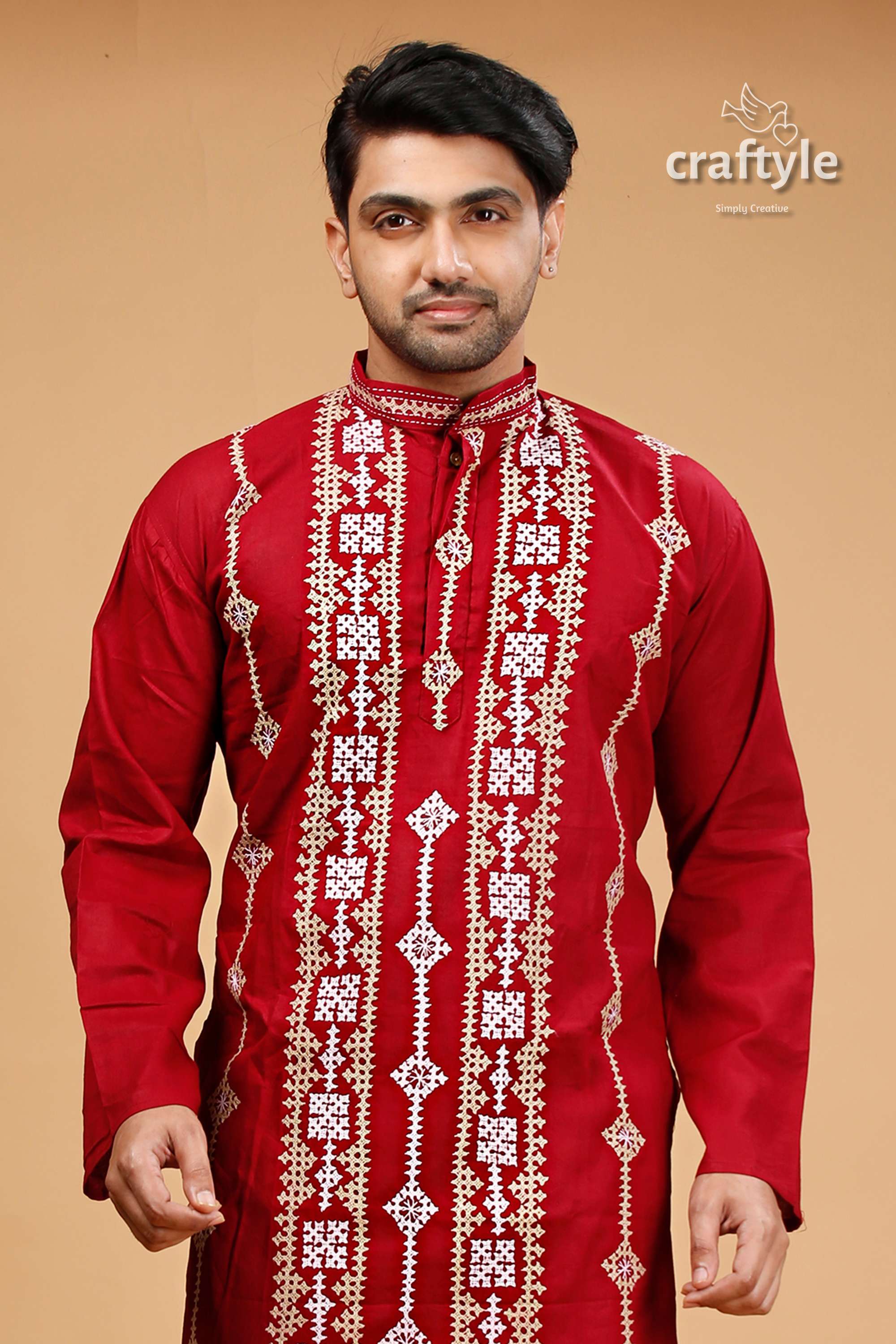 Gujrati Stitched Burgundy Red Kantha Work Cotton Punjabi for Men - Craftyle