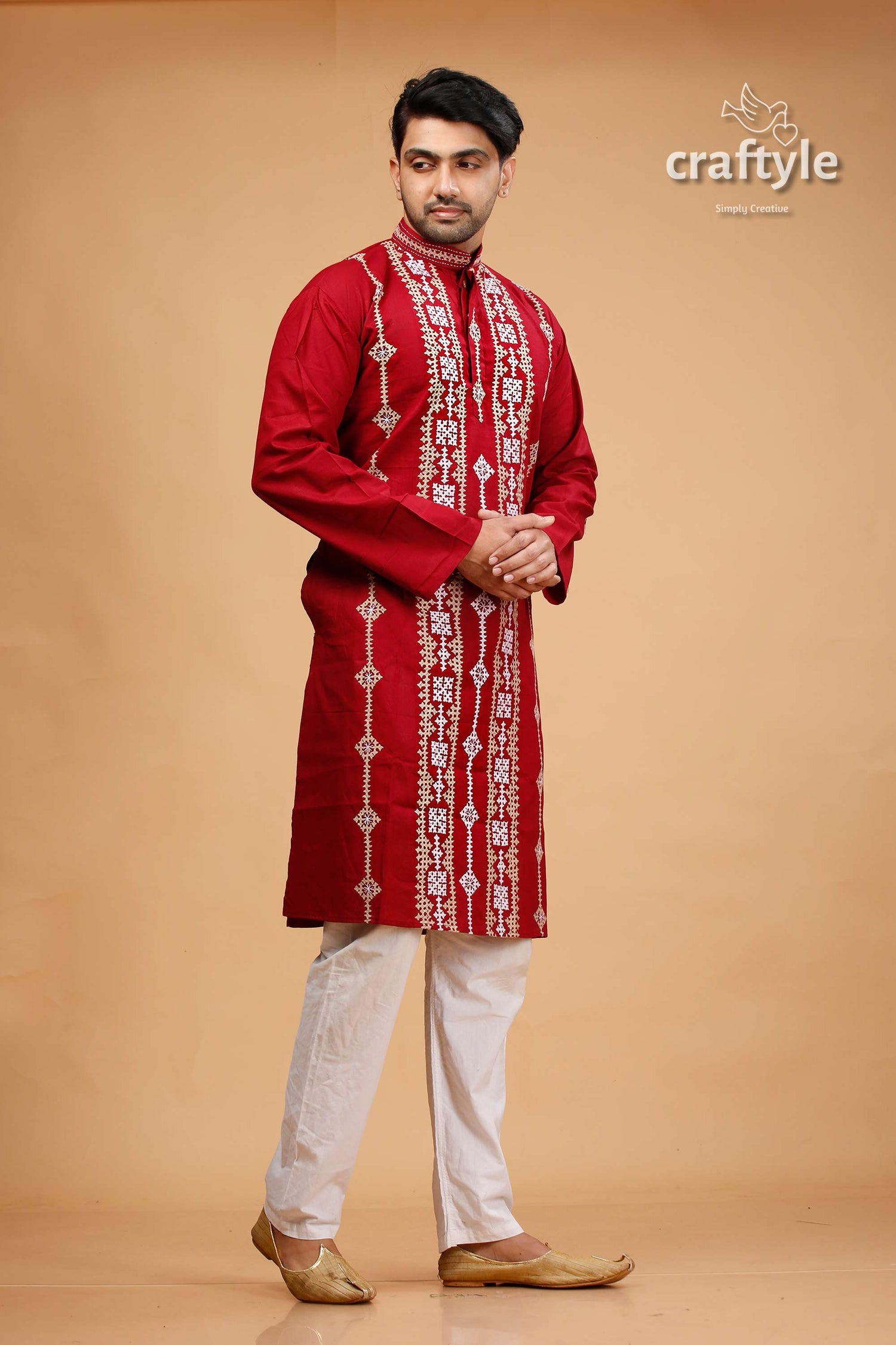 Gujrati Stitched Burgundy Red Kantha Work Cotton Punjabi for Men - Craftyle