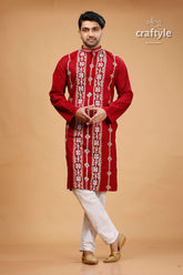 Gujrati Stitched Burgundy Red Kantha Work Cotton Punjabi for Men - Craftyle