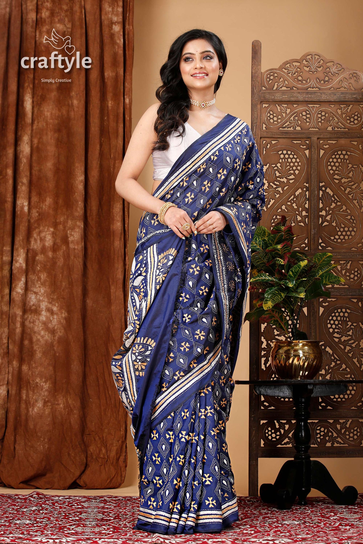 Gulf Blue Hand Embroidered Kantha Silk Saree - Craftyle