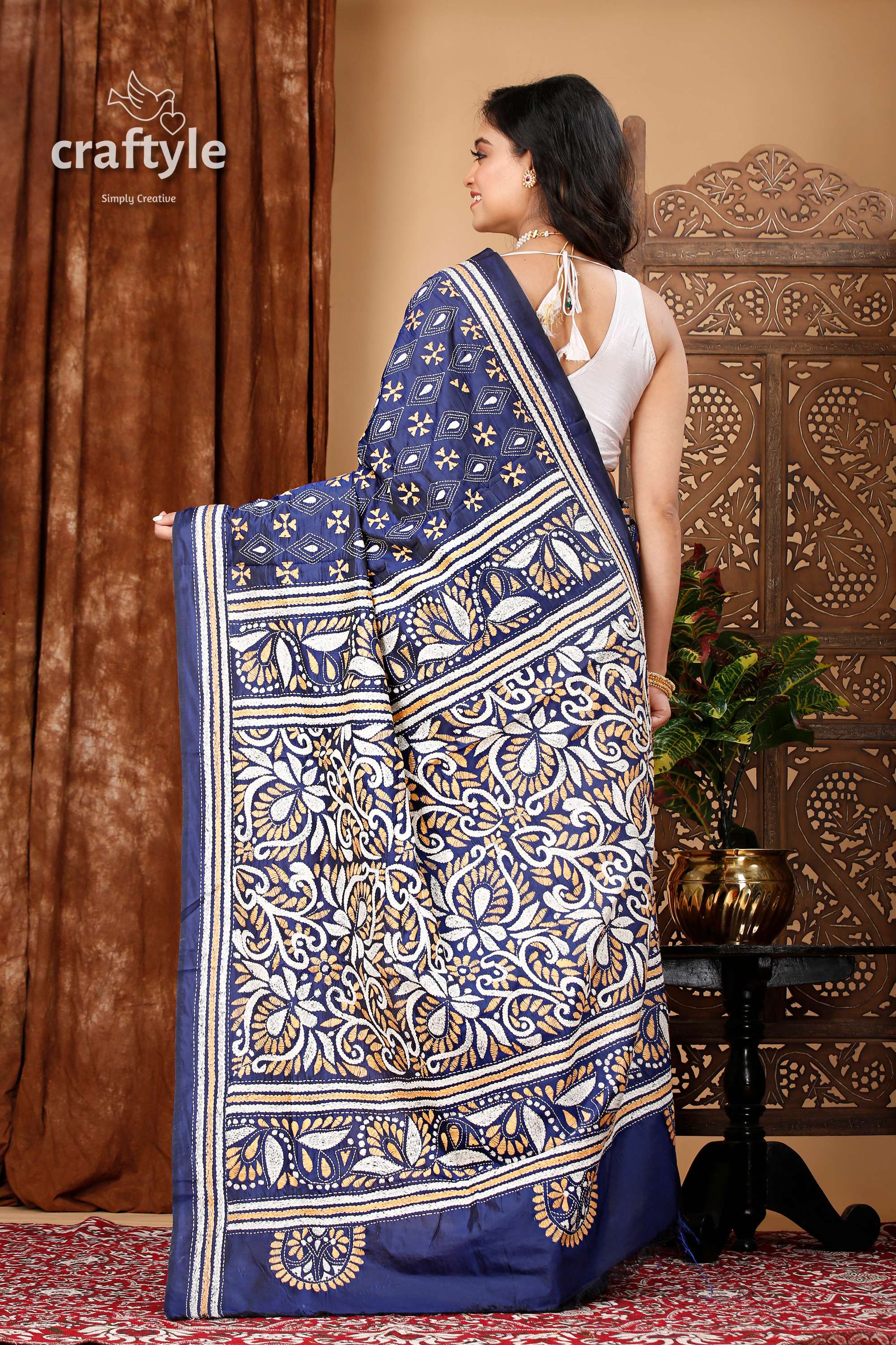 Gulf Blue Hand Embroidered Kantha Silk Saree - Craftyle