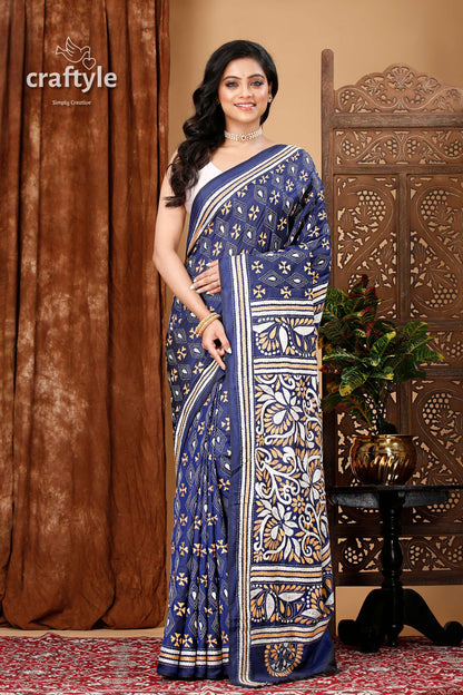 Gulf Blue Hand Embroidered Kantha Silk Saree - Craftyle